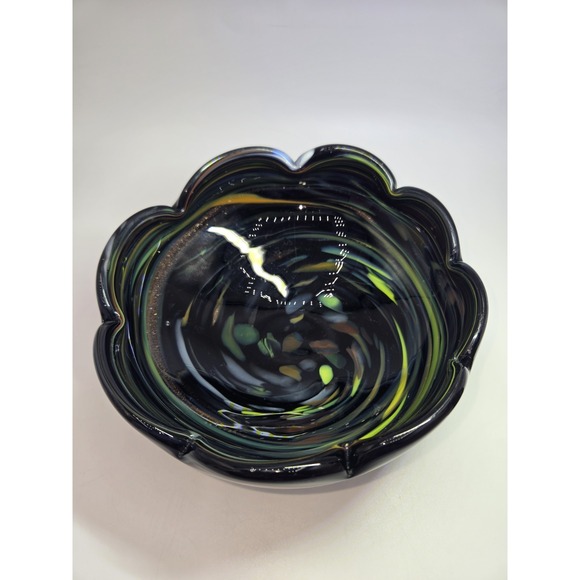 Murano Other - Murano Art Glass Bowl Black Swirl Aventurine Confetti Scalloped Rim 6"